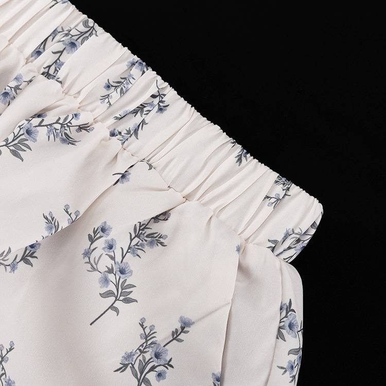 French Classic Skirt Puff Sleeve Small Turtleneck Ruffled Puffy Shirt Printed Shorts Suit