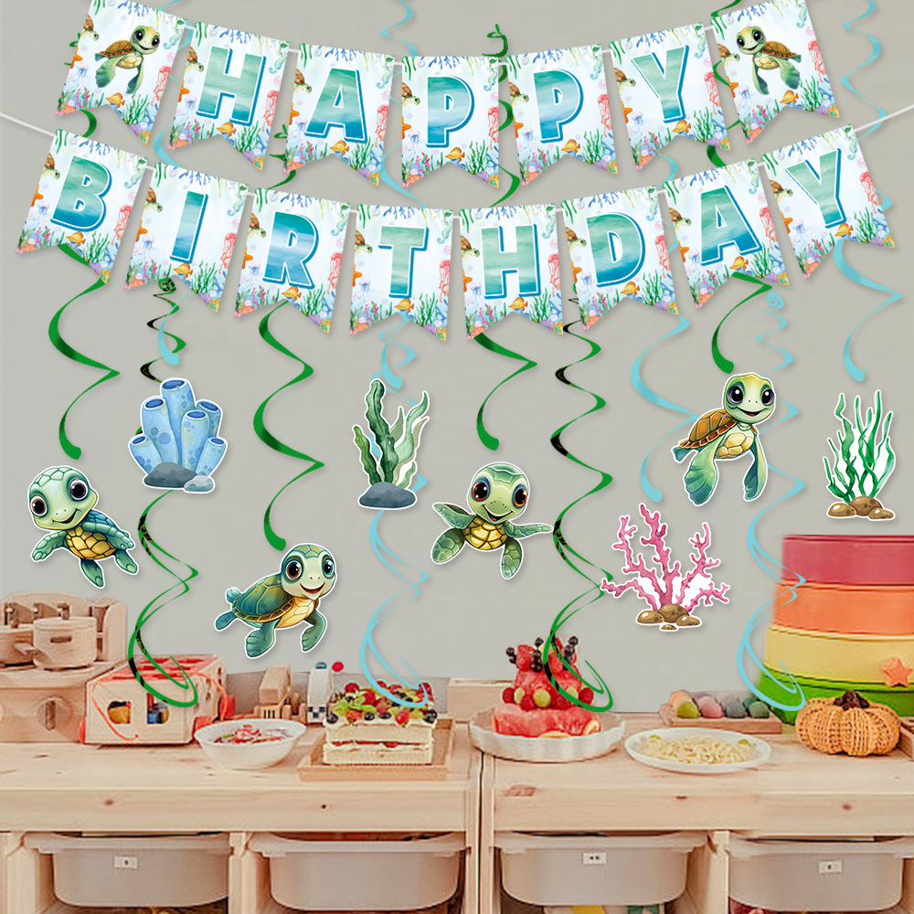 Transfronterizos nuevos tortugas tema de fiesta de cumpleaños conjunto de decoración de bandera espiral diseño de decoración de fiesta de cumpleaños