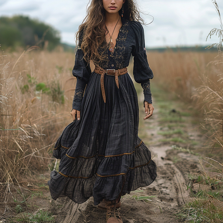 Retro V Neck Long Sleeved Dress For Women Pastoral Style Casual Long Dress_ecoleips.com