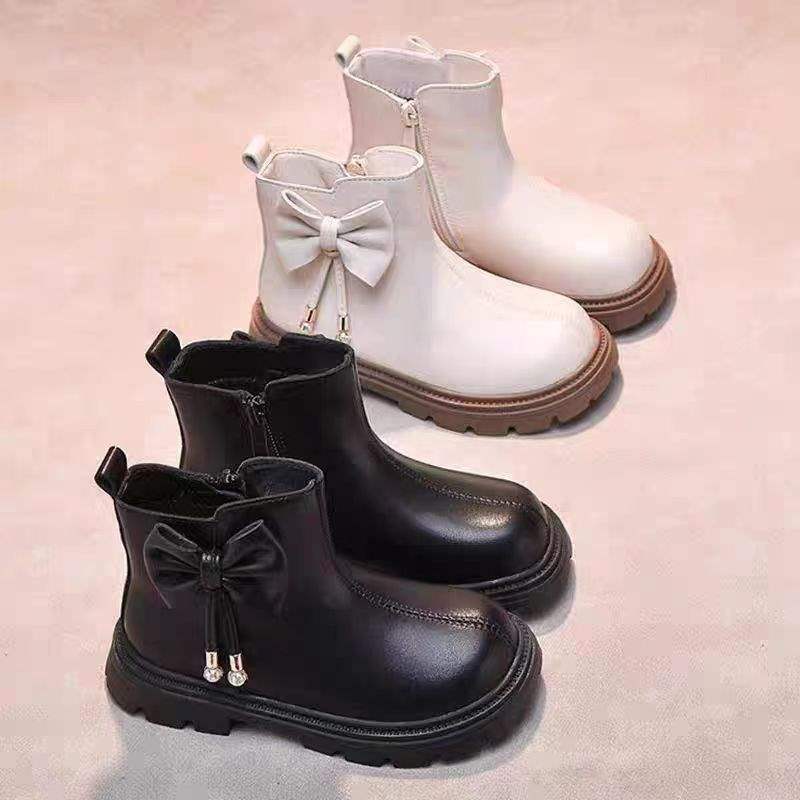 Girls' Real Soft Leather Boots Autumn and Winter New Soft Sole Fleece-Lined Boots Fashionable Kidsren's Short Boots Bow Princess Boots