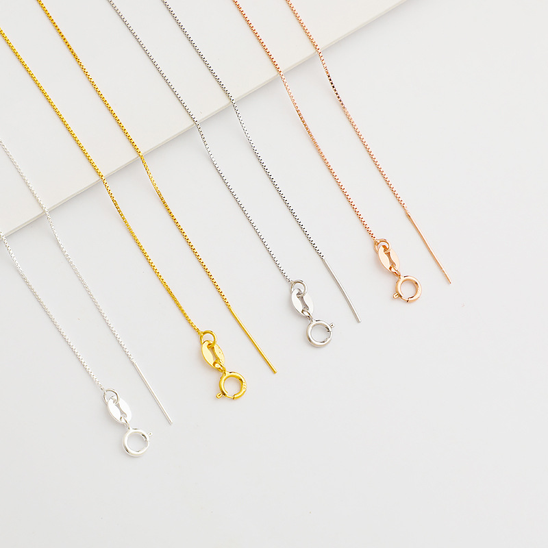 S925 Pure Silver Box Chain Bracelet Needle Pathway Through Necklace Bare Chain Pearl Single Chain Heart Chain DIY Jewelry Accessories