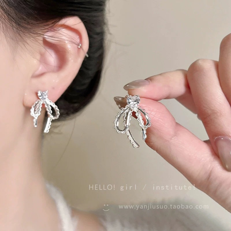 4 # Transparent love rhinestone lace bow stud earrings