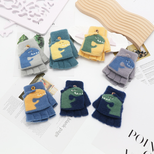 Children's Foldable Mittens Winter Half-Finger Thickened for Boys, Writing Cold Protection, Five-Finger Medium and Large for Girls, Warm and Cute