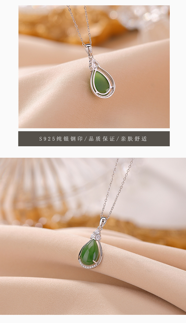 Mặt dây chuyền bạc S925 mạ vàng đá Jasper tự nhiên hình giọt nước dát ánh sáng — Mẫu bạc (không bao gồm dây chuyền) chi tiết 4