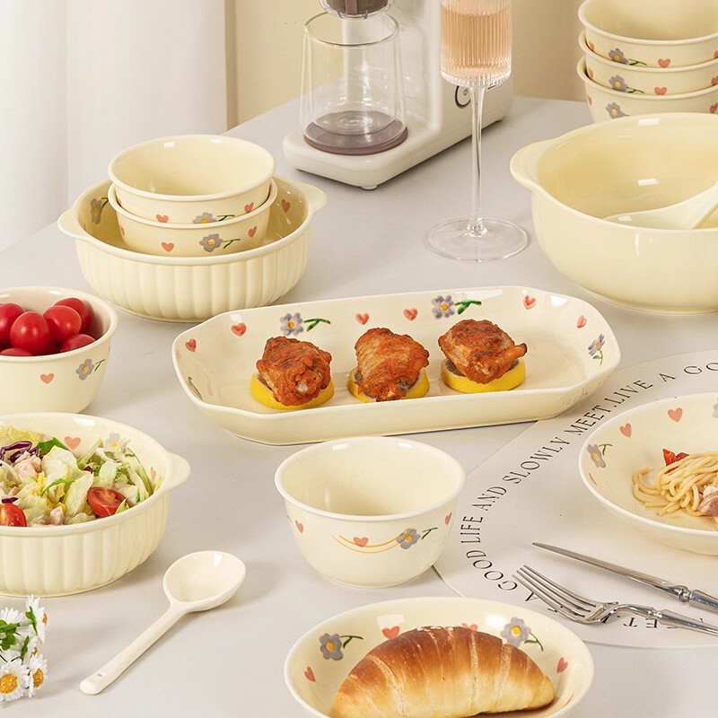 Jingdezhen Underglaze Cream Style Accessible Luxury Small Fresh Rice Noodle Bowl Round Deep Plate Ceramic Tableware Set for Home Use Jingdezhen Underglaze Cream Style Accessible Luxury Small Fresh Rice Noodle Bowl Round Deep Plate Ceramic Tableware Set for Home Use