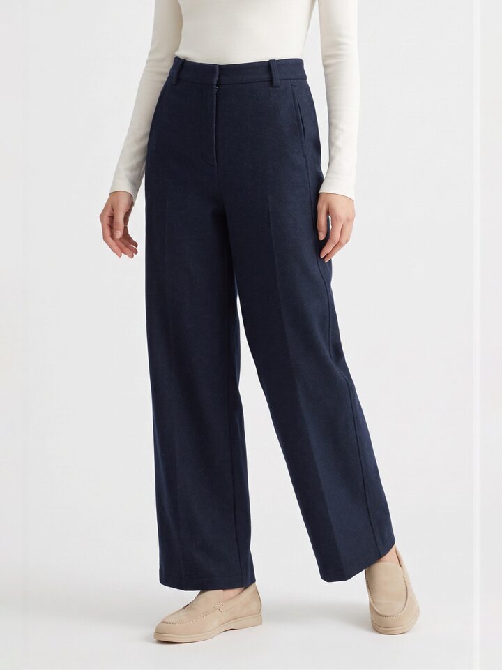 Quần ống rộng lưng cao dáng suông chất len cashmere phối len cừu — Xanh navy