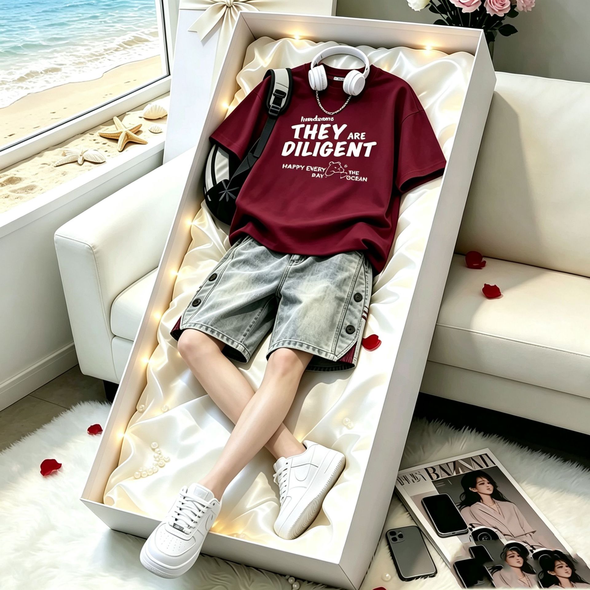 American retro short-sleeved t-shirt set for men, trendy summer street style, denim shorts, lightweight casual outfit.