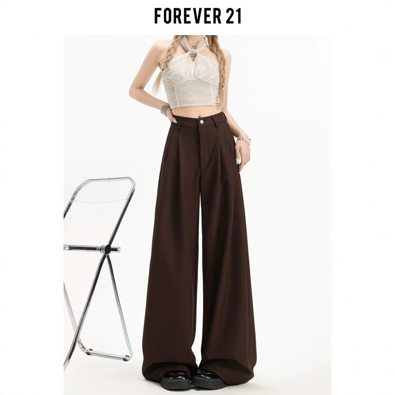 Forever 21 Women's Maillard Brown Wide-Leg Suit Pants, High-Waisted, Loose, Draped, Straight-Leg Casual Pants