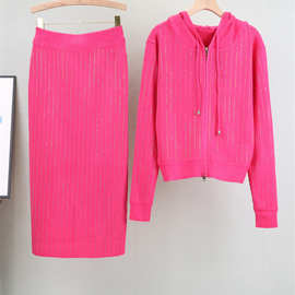 小香风洋气韩系烫钻毛衣开衫外套两件套女春秋短裙套装