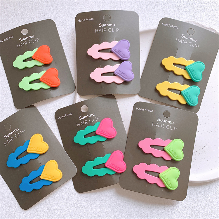 韓版兒童熒光色愛心髮夾小女孩彩色波浪側邊碎發BB夾對裝發卡頭飾