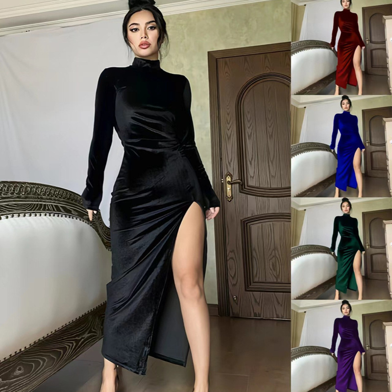 2025 European and American Style Women's Clothing Amazon Autumn and Winter High-Neck Long Velvet Dress Slim Fit Ruched Slit Dress