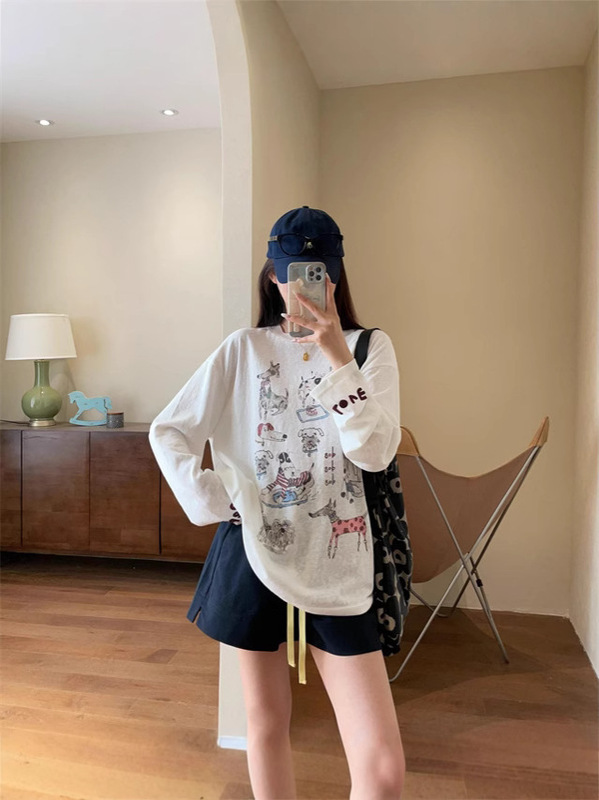リラックスしたニッチスタイル、子供っぽい、年齢軽減、ゆったりとした長袖Tシャツ、ゆったりとした痩身ブラウス、女性用2025夏|undefined