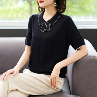 Middle-Aged Mother Summer Ice Silk Knitted Short-Sleeved Shirt 2025 New Middle-Aged and Elderly Women's Summer Lady's Clothes