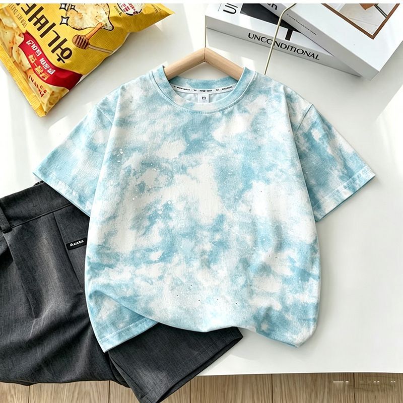 Tie-dye starry sky short-sleeved children's clothing, new summer style, round neck pullover, dopamine trendy casual top for medium and large children