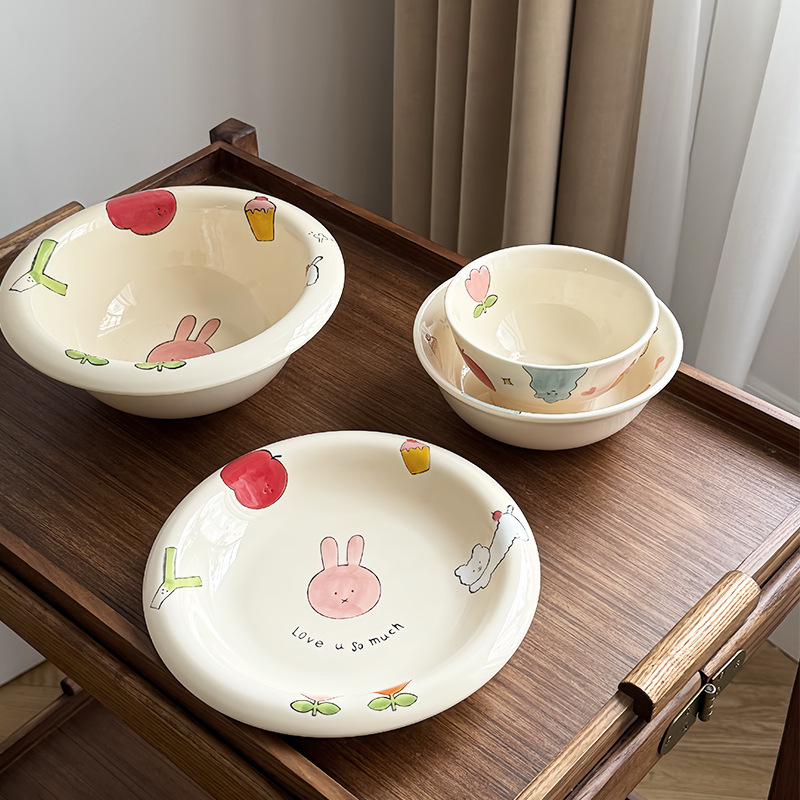 Rabbit and Apple Cute Hand-Painted Underglaze Ceramic Tableware High-Looking Household Rice Bowl Salad Bowl Dish Plate Deep Plate