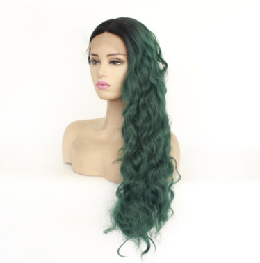 Funda de peluca de comercio exterior Estilo de moda europeo y americano, cabello largo y rizado verde ondulado, peluca de encaje frontal LW0294