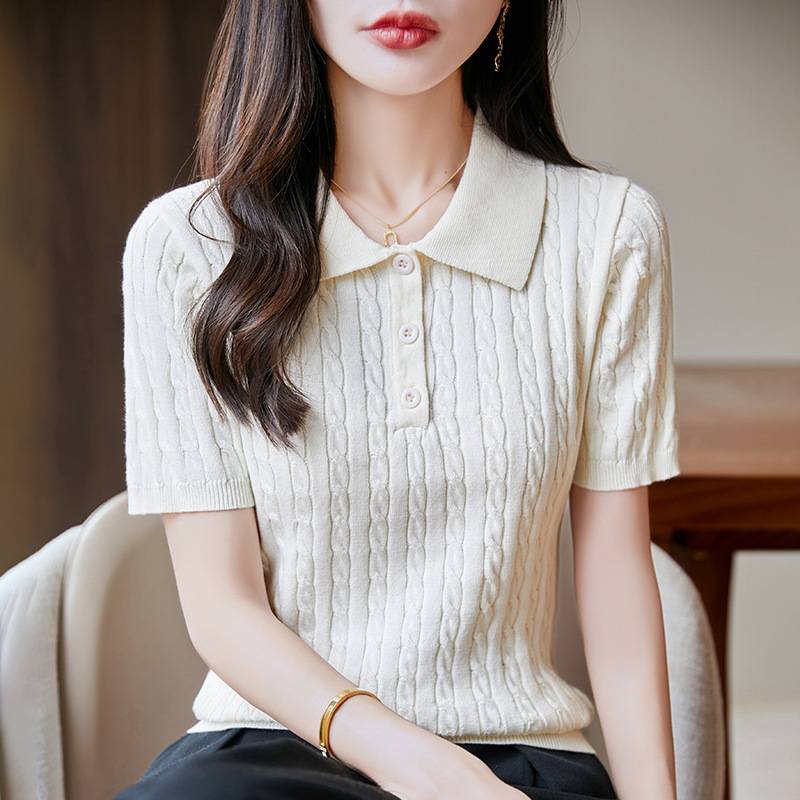 Fashionable Old Money Style Polo Collar Knit Short-Sleeve Women's Top 2026 Spring and Autumn New Slim Fit Pure Cotton Cable Knit Half-Sleeve