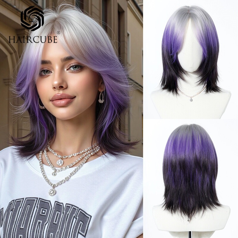 Cosplay Wig Headgear for Students, Gradient Short Straight Hair, Black and Purple Short Anime Wig, Machine-Made Synthetic Fiber, Various Styles Available