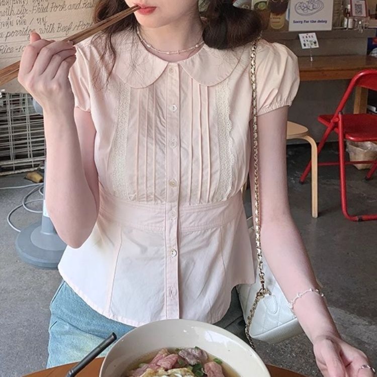 Korean Style Gentle Pink Doll Collar Waist Short-Sleeved Shirt for Women Summer Design Age-Reducing Lace Shirt