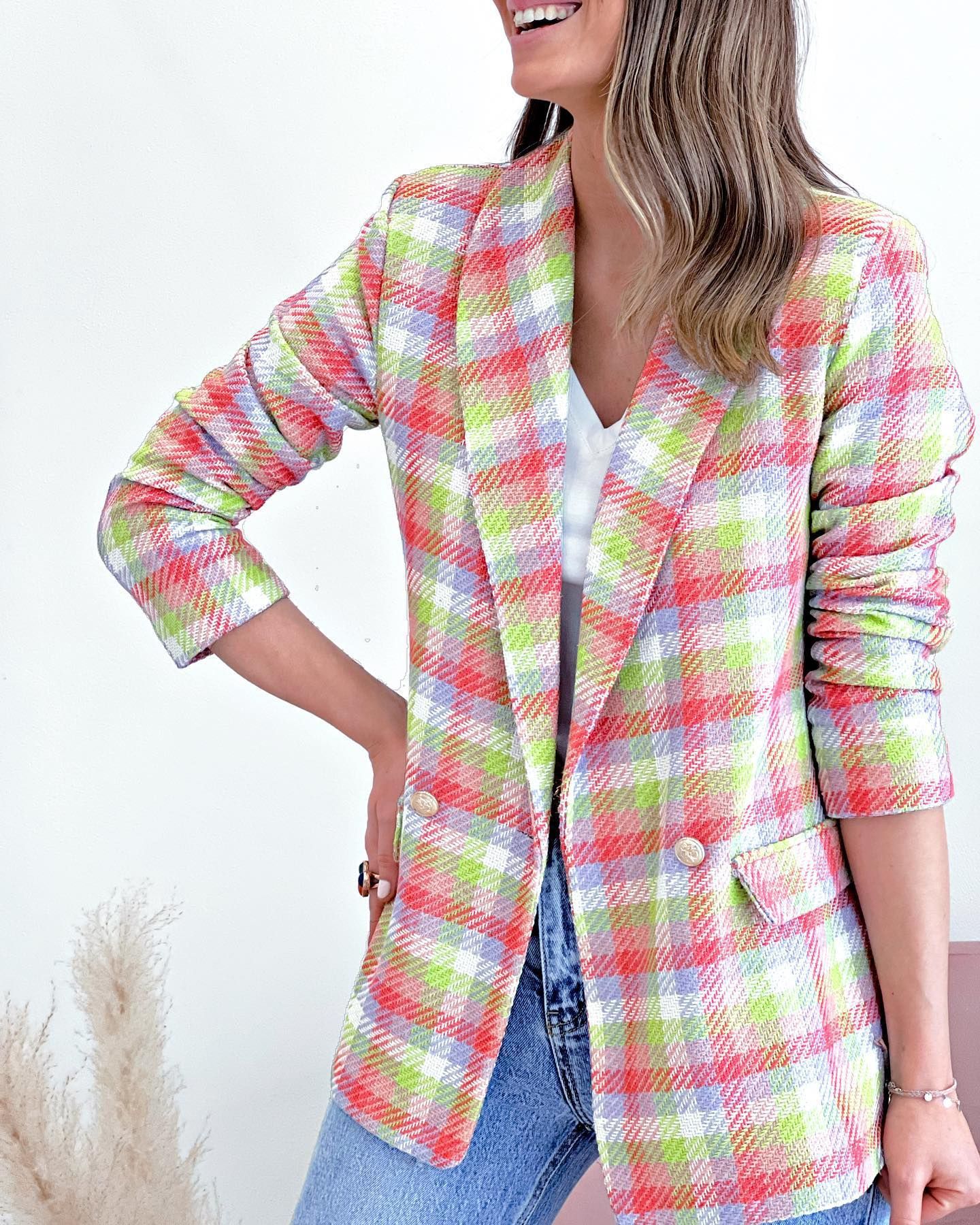 Women's Coat Long Sleeve Blazers Printing Pocket Business Plaid display picture 2