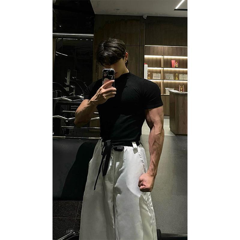 Heavy Fitness Muscle T-shirt Men's Tightening Cuff Ice Silk Short Sleeve Quick-drying Base Shirt with Three-part Sleeve