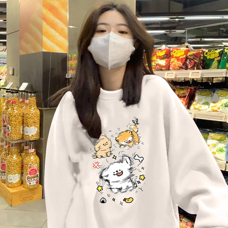 A principios de otoño estilo de hong kong snoopy suéter de cuello redondo camiseta de manga larga de pareja de mujer delgada camiseta de color sólido camiseta de moda
