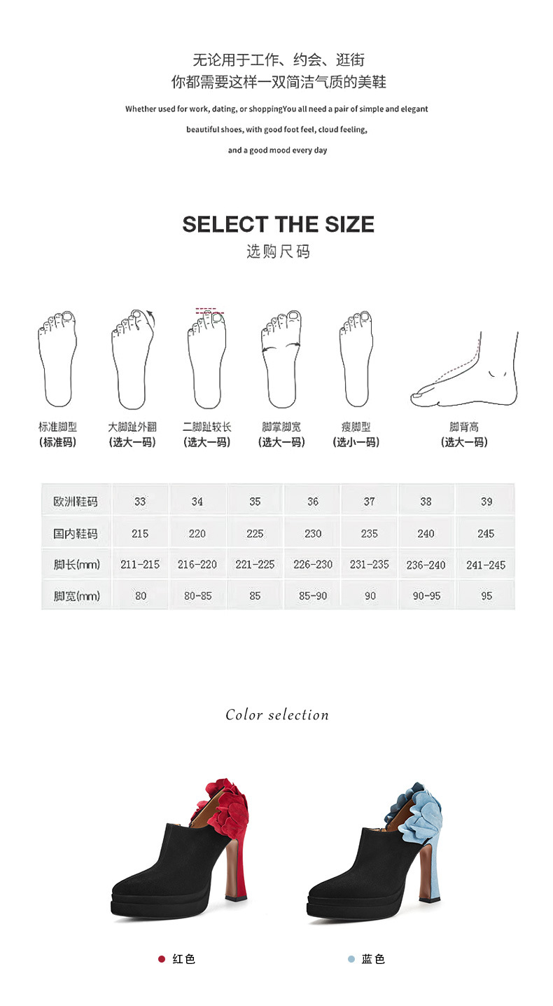 Giày cao gót nữ mũi nhọn gót vuông ổn định, phong cách hoa Pháp, có khóa kéo bên hông, cổ sâu — xanh lam chi tiết 4