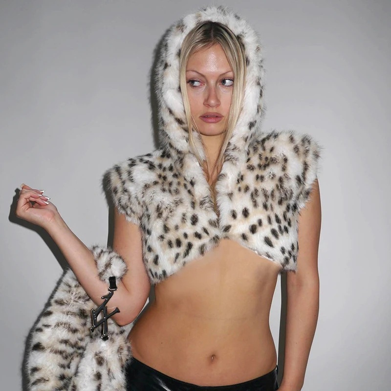 Amazon Aliexpress European and American Cross-Border Halloween Cosplay Anime Character Hooded Ultra-Short Leopard Print Fur Coat