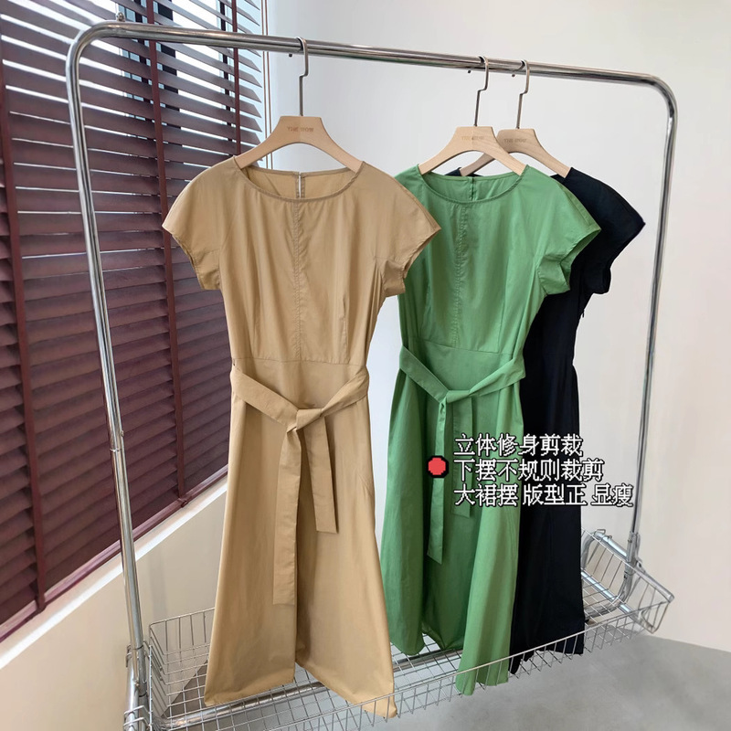 M's High-Count High-Density Poplin 100% Cotton Waist-Cinching One-Button Thin Short-Sleeved Dress for Women