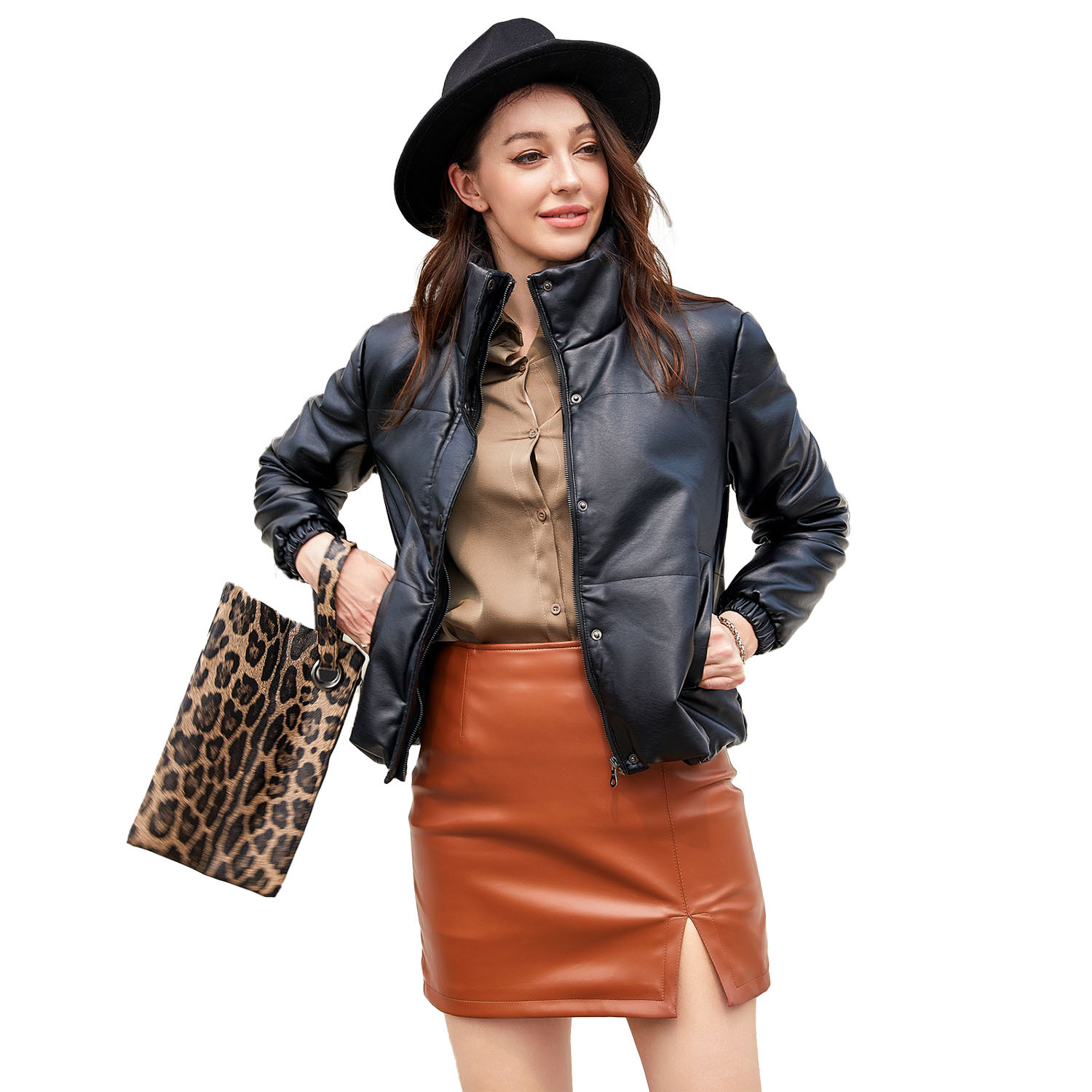 Chaqueta Corta Acolchada de Piel Sintética, PU, Cálido, con Cremallera y Cuello Alto, para Otoño e Invierno image 6
