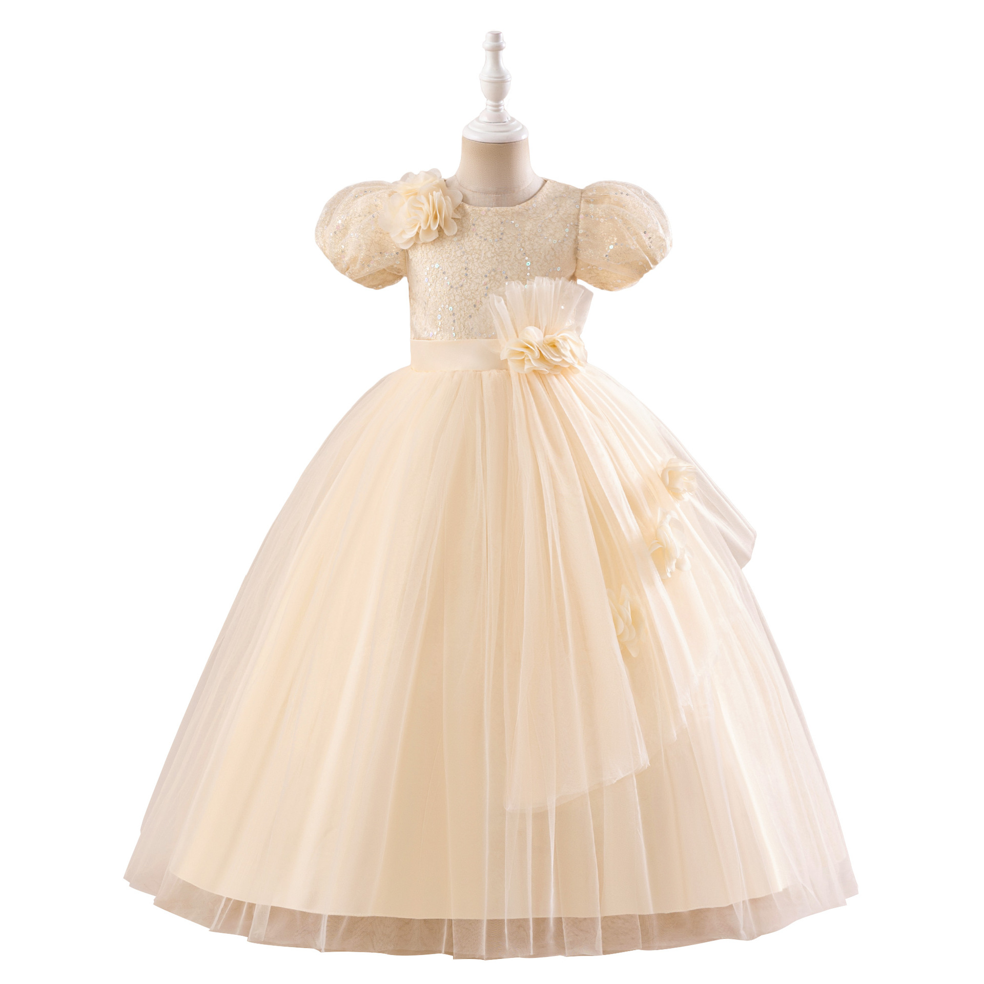 2025 nuevo vestido de niñas vestido de piano vestido de malla vestido infantil vestido de princesa vestido de calcomanías esquinado vestido