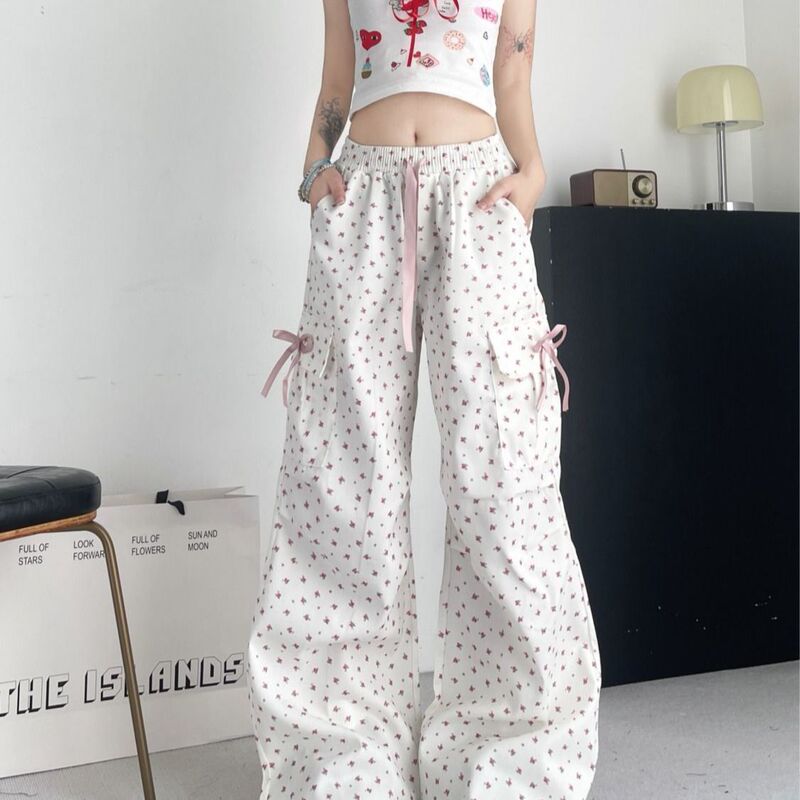 アメリカンスタイルのフルプリント花柄カジュアルワイドレッグパンツ、蝶結び巾着デザイン、ファッショナブルな夏のワークウェアパンツ、クロスボーダー卸売|undefined