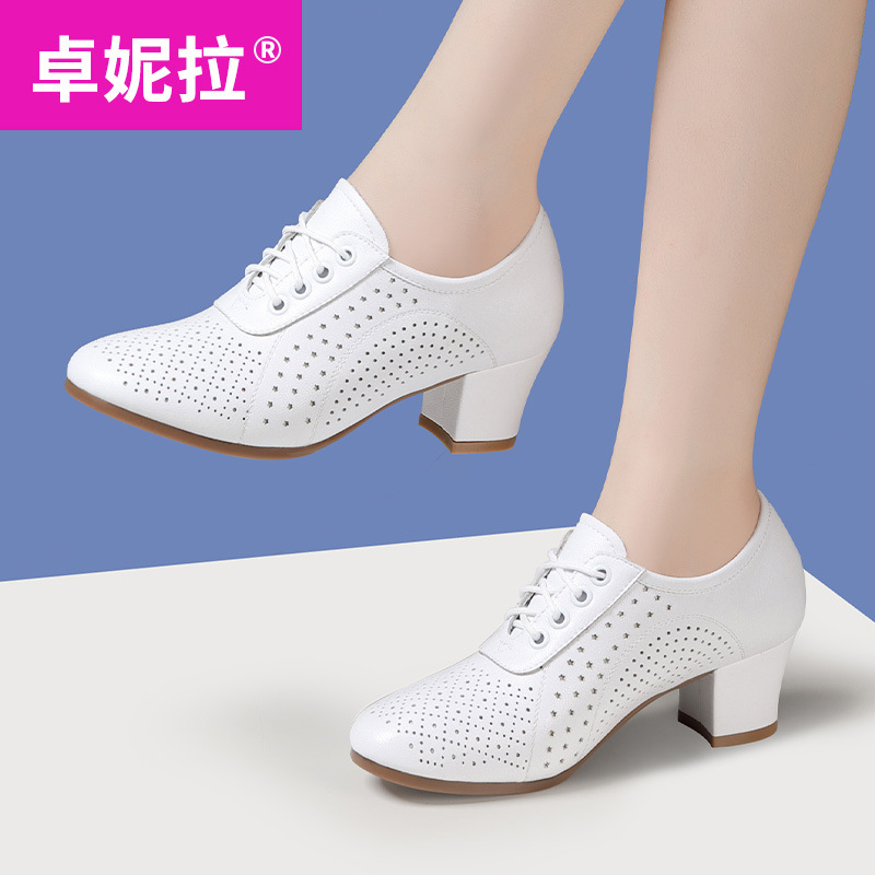 Genuine Leather mid-high heel soft bottom sailor dance outdoor Four Seasons social square dance shoes white adult Latin dance shoes for women
