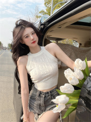 2023 Summer Pure Desire Sweet and Spicy Internet Celebrity Three-dimensional Hollow Knitted Halter Vest Suspender Versatile Slimming Textured Top