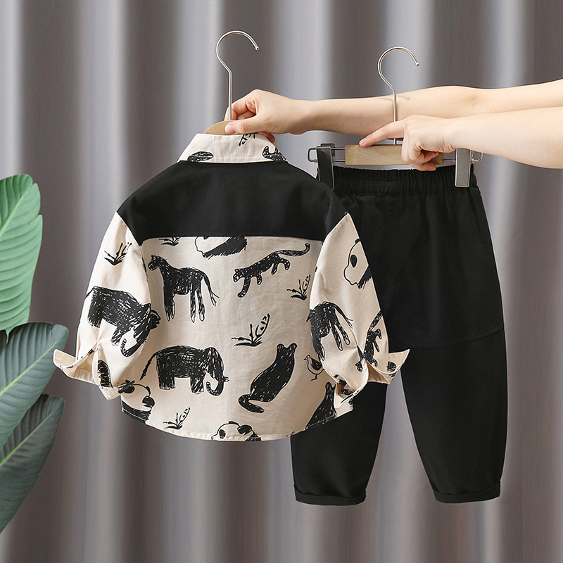 6118 Traje de otoño para niños 2025 Camisa de costura de primavera y otoño para niños de nuevo estilo Traje de dos piezas de otoño coreano para bebés