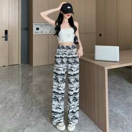 大码女装水墨染波纹阔腿裤女2026新款压褶宽松百搭直筒休闲裤子女
