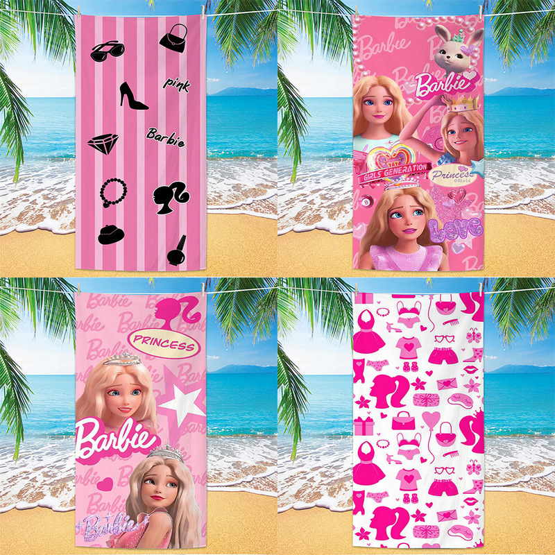 Cross Border Direct Supply Pink Barbie Doll Printed Beach Towel Holiday Leisure Swimming Bath Towel Factory Wholesale Towel