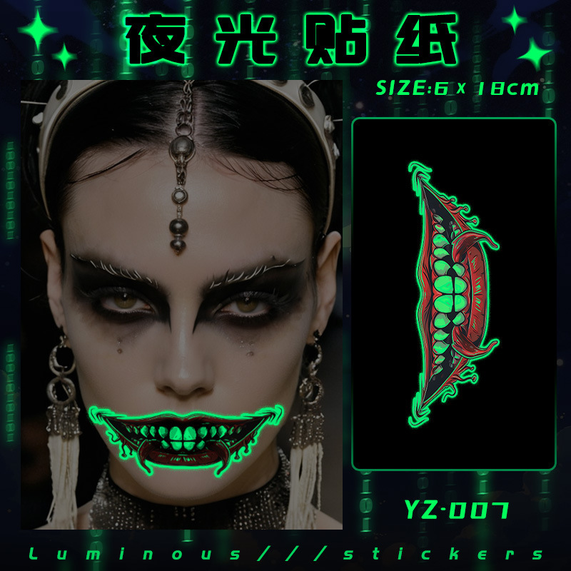 Halloween Spoof Witch Bloodthirsty Fangs Luminous Tattoo Stickers Niche Creative Haunted House Performance Luminous Bloodthirsty Fangs