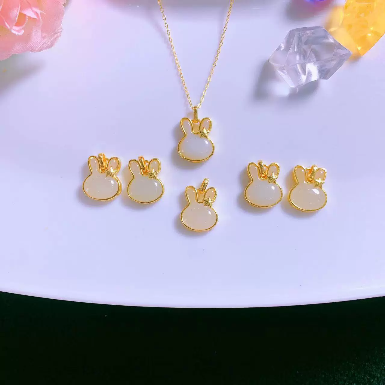 古法银金镶和田玉小白兔子吊坠女款镶嵌星星兔项链直播爆款套装