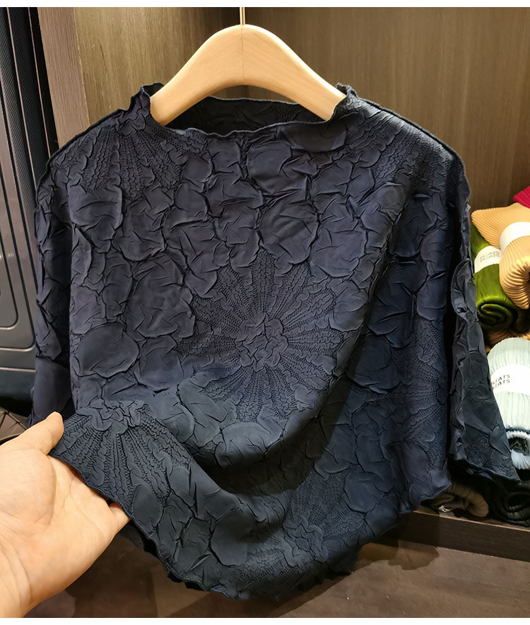 Áo thun dập nổi nữ tay dơi dáng rộng ngắn mùa hè — Màu đen, Màu cam, Màu xanh lam, Màu xanh navy chi tiết 12