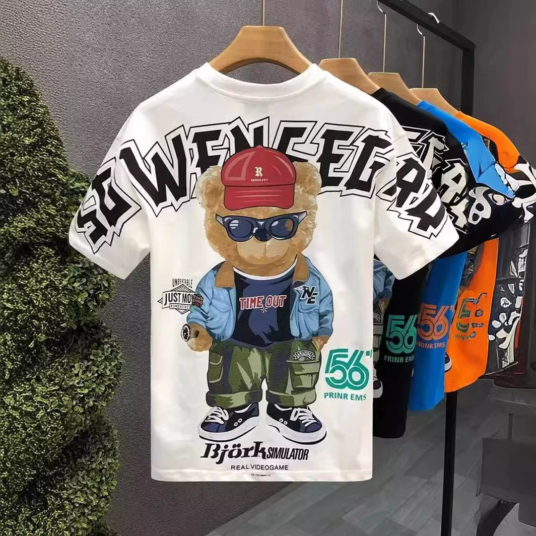 Высококачественная хлопковая Футболка с заниженными плечами, Мужская 2024, Летний Новый модный бренд, топ с коротким рукавом, Забавный мультяшный медведь, футболка