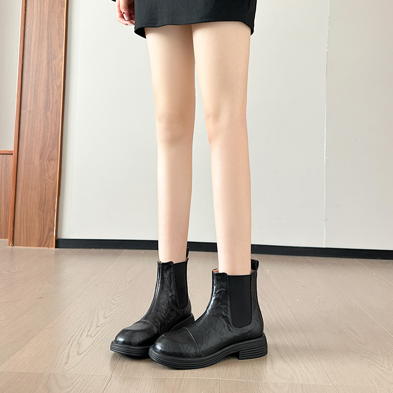 Retro-Stiefelette mit runder Zehenpartie und Blockabsatz für Damen, Herbst- und Winter-Braun, britischer Stil, Schwarz_voghion.com
