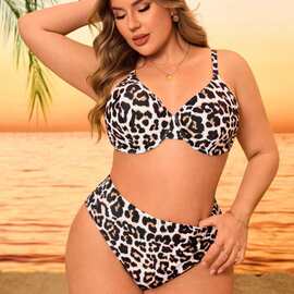 2025欧美比基尼女外贸亚马逊性感大码分体泳衣豹纹泳装套装bikini