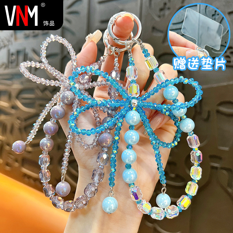 爆闪串珠手机链条水晶蝴蝶结钥匙包包挂链珍珠手机挂绳小礼品批发