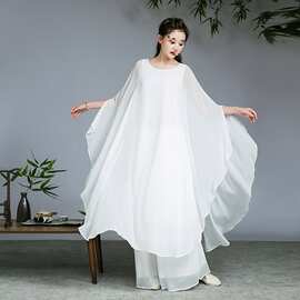 三层大摆雪纺茶服禅意禅服阔腿裤套装打坐民族风舞蹈演出连衣裙女