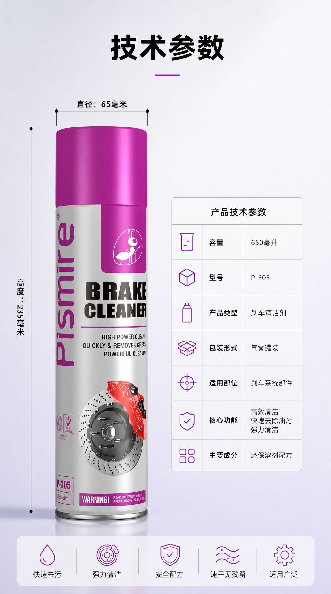 Brake Cleaner 650ml Car Brake Disc and Brake Pad Oil Removal and Stain Removal Wheel Hub Brake Dust Cleaning Agent