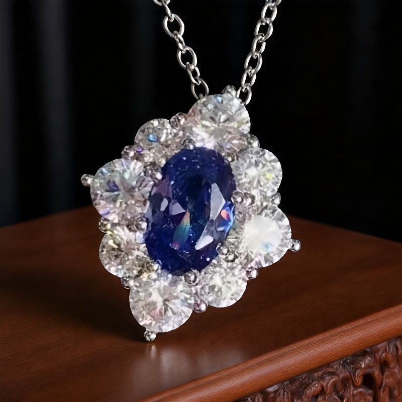 Sapphire mavi zirkon gül dizaynlı qadın boyunbağı
