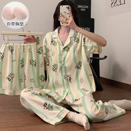 睡衣女夏季新款云朵棉三件套带胸垫小翻领短袖短裤休闲家居服套装