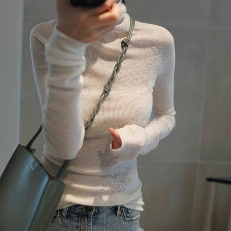 Spring and Autumn New Skin-friendly Thin Pile Collar Wool Sweater Women's Tight High Neck Micro-penetration Knitted Base Sweater Korean Style