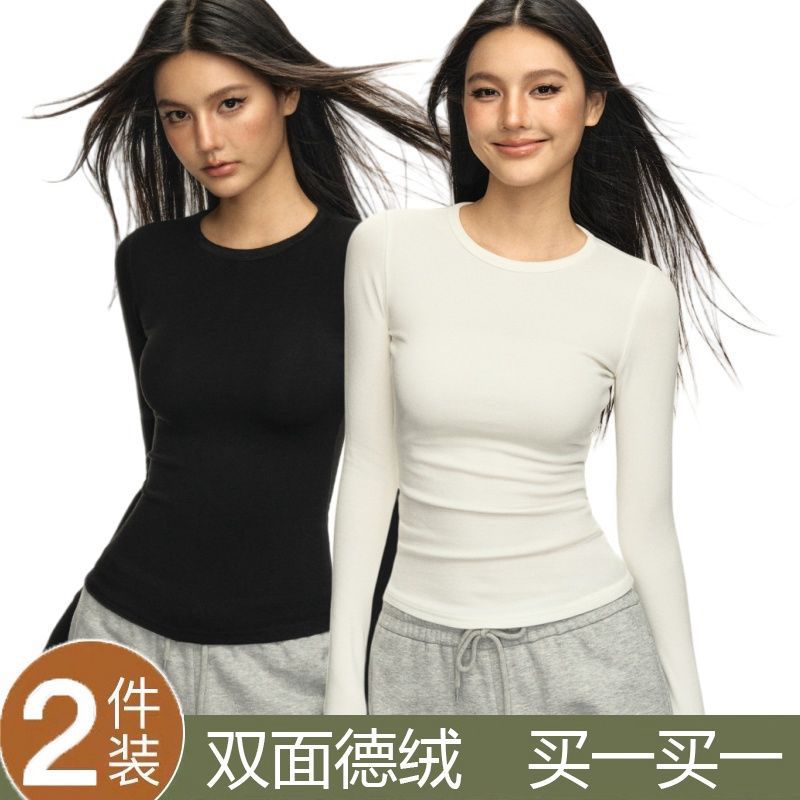 De Rong Base Layer Shirt with Round Neck and Long Sleeves for Women, Slim Fit Short Top, Versatile Inner Layer for Winter Wear